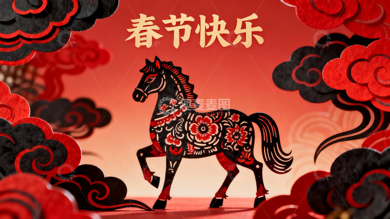 高清大图下载【趣麦麦图】春节剪纸马图案喜庆祥和