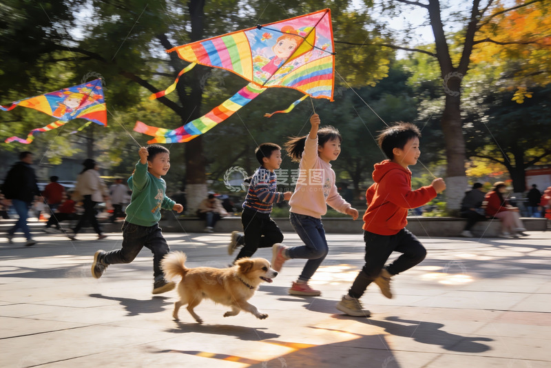 高清大图下载【趣麦麦图】儿童公园放风筝欢乐奔跑