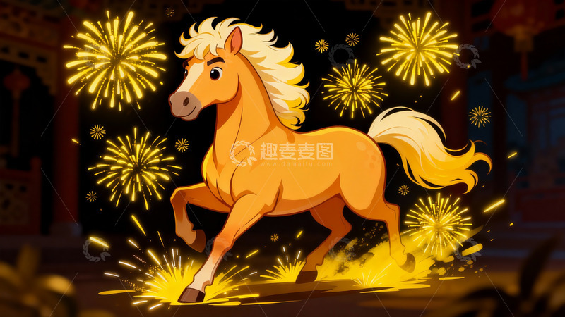 高清大图下载【趣麦麦图】烟花映衬下的奔腾骏马