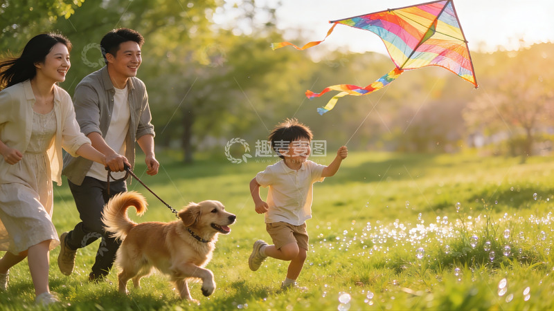 高清大图下载【趣麦麦图】一家三口公园放风筝遛狗