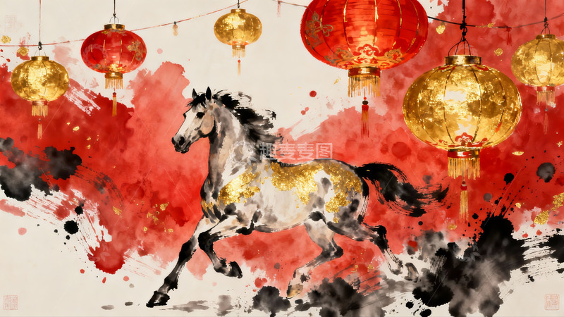 高清大图下载【趣麦麦图】水墨骏马红灯笼迎新春
