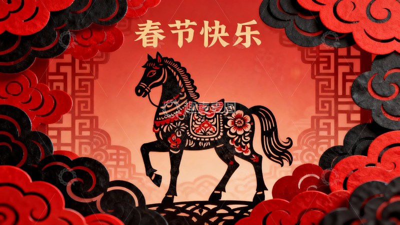 高清大图下载【趣麦麦图】春节剪纸艺术马年图案