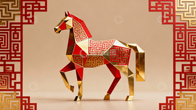 高清大图下载【趣麦麦图】红金几何马艺术摆件