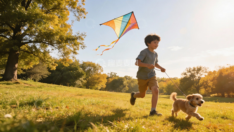 高清大图下载【趣麦麦图】男孩遛狗放风筝户外欢乐