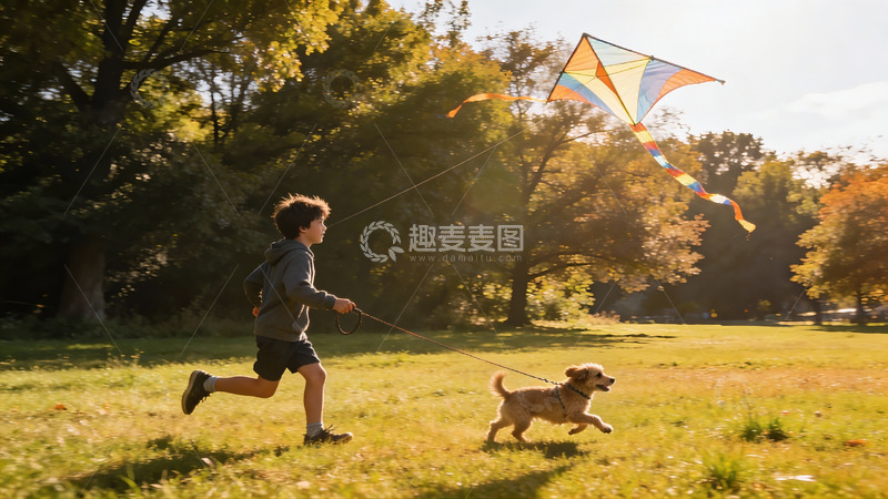 高清大图下载【趣麦麦图】男孩公园放风筝遛狗