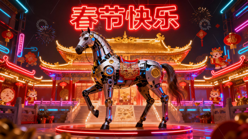 高清大图下载【趣麦麦图】机械马迎新春夜景