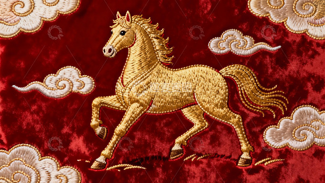 金色骏马刺绣图案