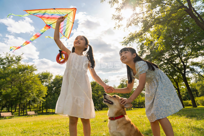 高清大图下载【趣麦麦图】姐妹放风筝与狗狗互动