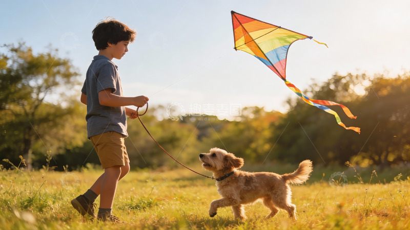 高清大图下载【趣麦麦图】男孩与小狗放风筝