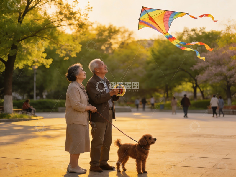 高清大图下载【趣麦麦图】老年夫妇公园放风筝遛狗