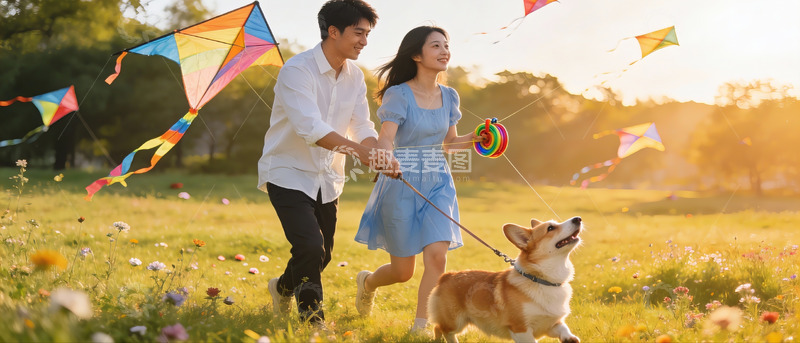 高清大图下载【趣麦麦图】情侣公园放风筝遛狗