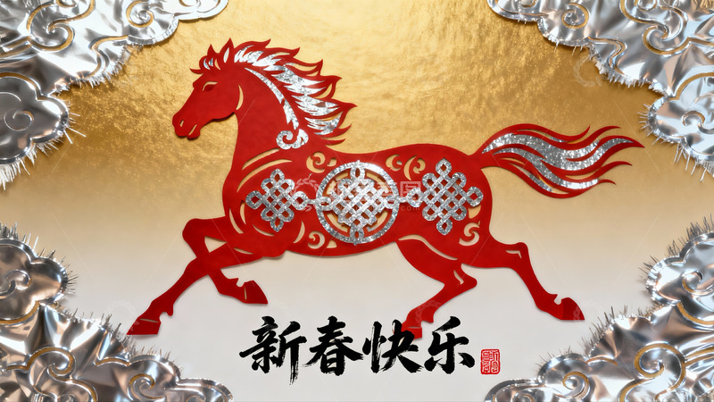 高清大图下载【趣麦麦图】红色骏马剪纸新春贺图