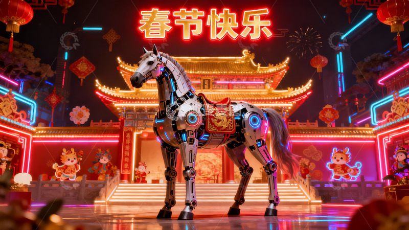 高清大图下载【趣麦麦图】科技骏马迎新春夜景