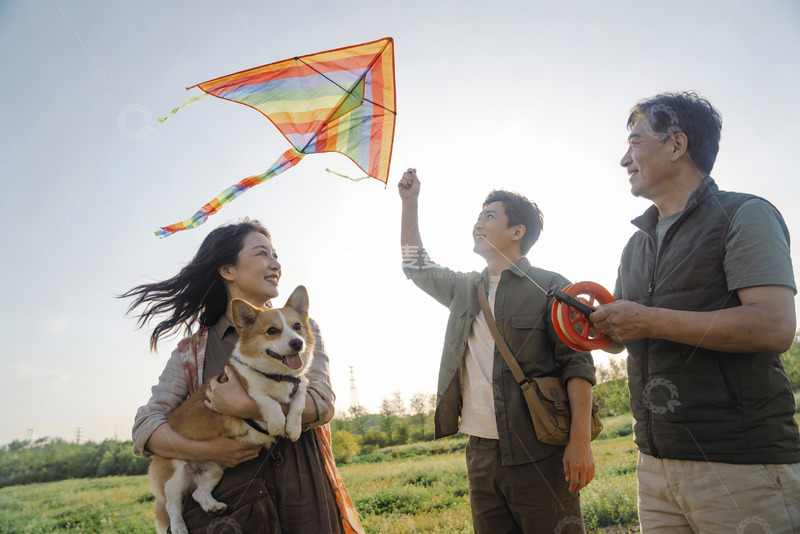 高清大图下载【趣麦麦图】家人户外放风筝与宠物同乐
