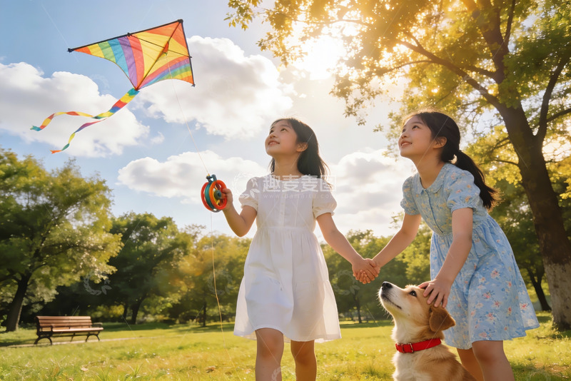 高清大图下载【趣麦麦图】小女孩户外放风筝与宠物狗