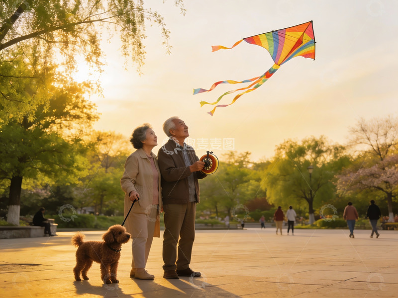 高清大图下载【趣麦麦图】老夫妻公园放风筝遛狗