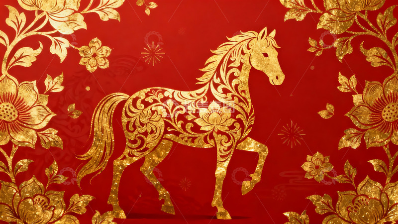 高清大图下载【趣麦麦图】红色背景金色马纹样图案