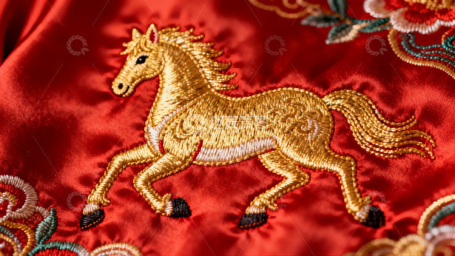 红色布料上的金色马刺绣图案