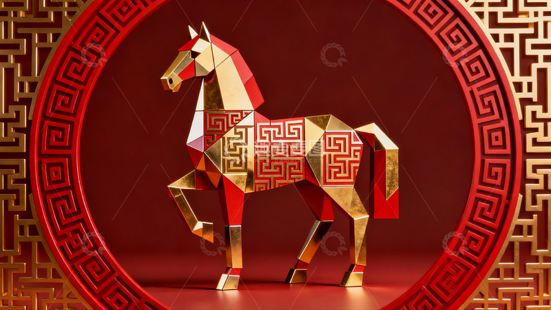 高清大图下载【趣麦麦图】红色背景上的金色马形装饰品