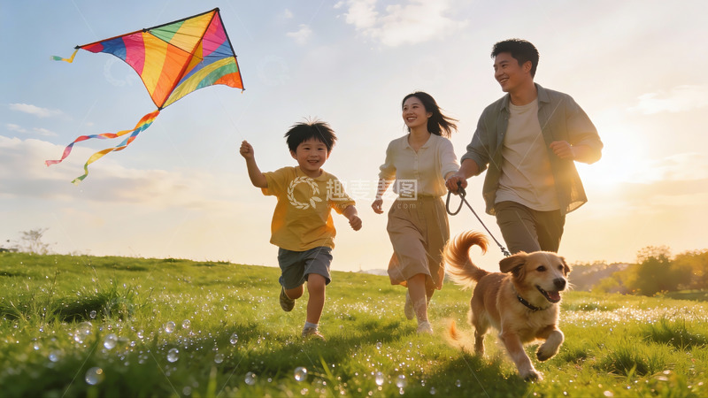 高清大图下载【趣麦麦图】一家三口户外放风筝与宠物狗