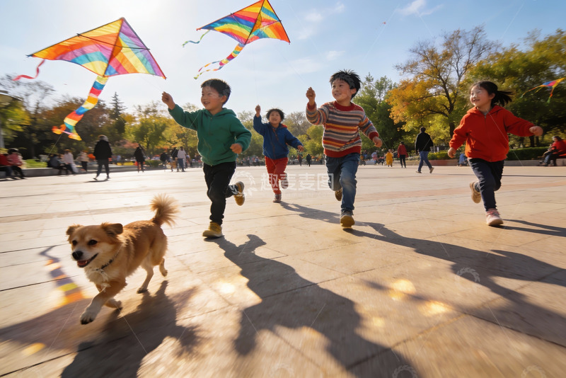 高清大图下载【趣麦麦图】儿童公园放风筝奔跑欢乐场景