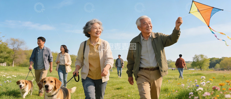 高清大图下载【趣麦麦图】老人公园放风筝遛狗