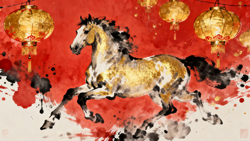 高清大图下载【趣麦麦图】水墨骏马迎春灯笼