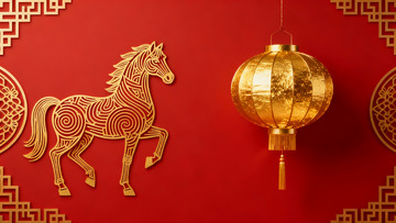 红色背景上的金色马与灯笼