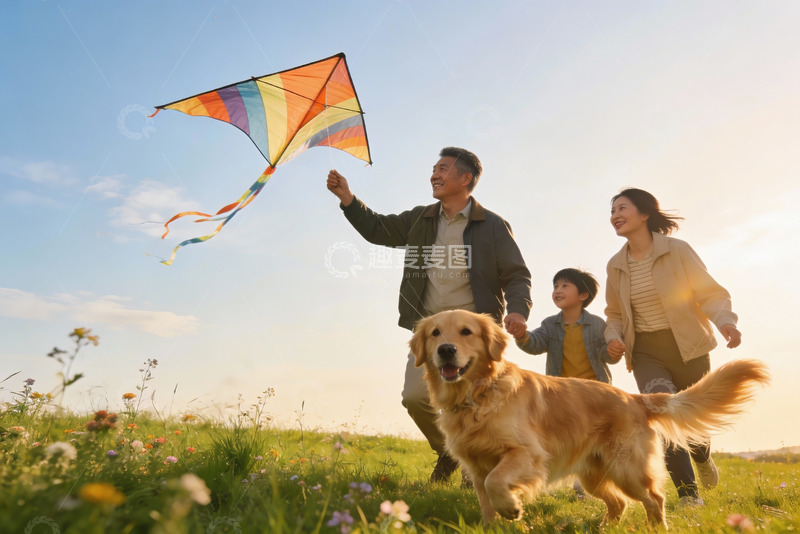高清大图下载【趣麦麦图】家庭户外放风筝与宠物狗