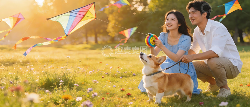 高清大图下载【趣麦麦图】情侣草地放风筝与宠物狗