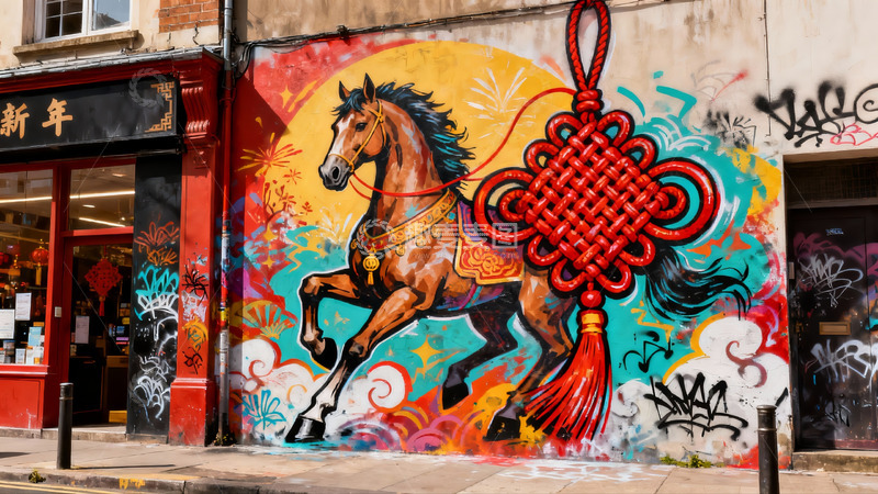 高清大图下载【趣麦麦图】街头壁画骏马与中国结