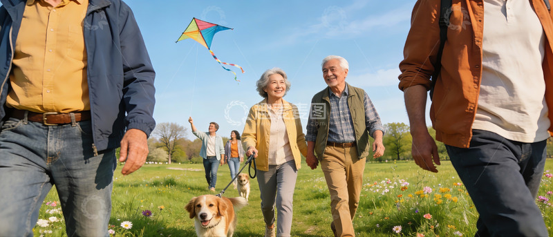 高清大图下载【趣麦麦图】老人户外放风筝遛狗欢乐场景