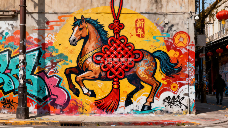 高清大图下载【趣麦麦图】街头新年骏马彩绘壁画
