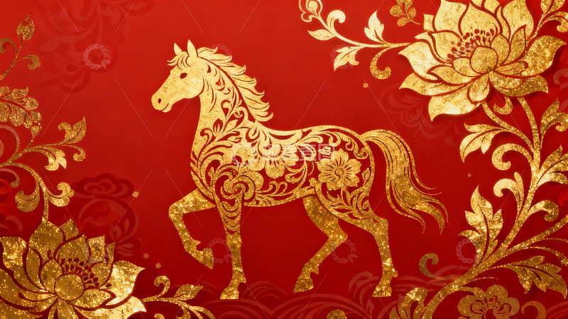高清大图下载【趣麦麦图】红色背景金色马纹样图案