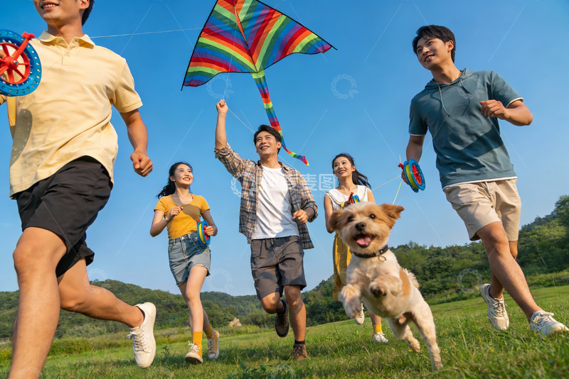 高清大图下载【趣麦麦图】青年户外放风筝与宠物奔跑