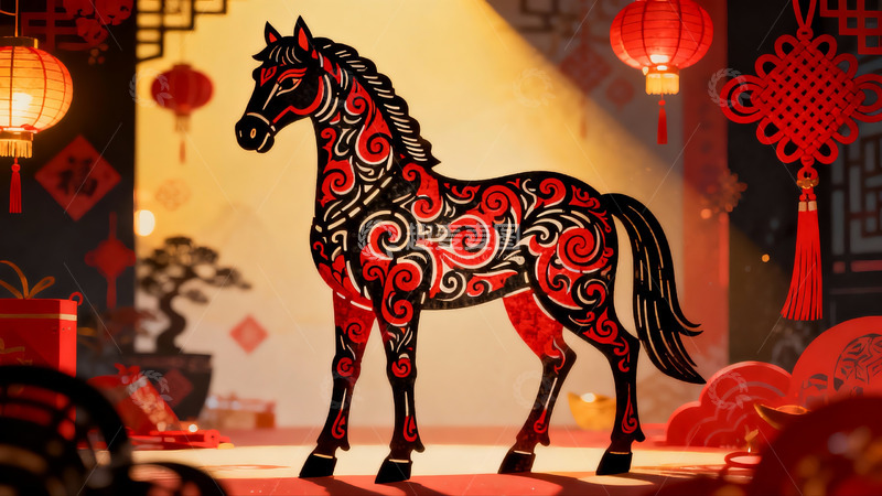 高清大图下载【趣麦麦图】春节装饰中的红色剪纸马