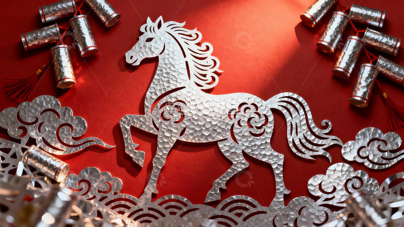 高清大图下载【趣麦麦图】红色背景上的银色马形剪纸