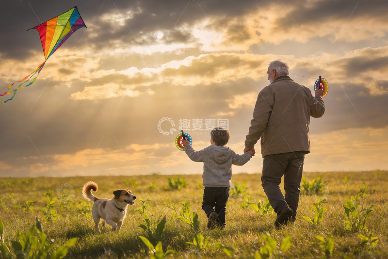 高清大图下载【趣麦麦图】祖孙放风筝田野欢乐时光