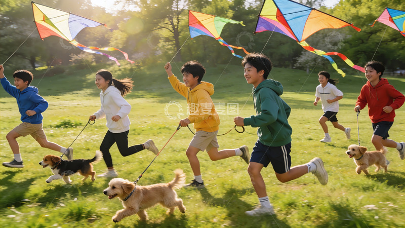 高清大图下载【趣麦麦图】孩子们公园放风筝与宠物奔跑