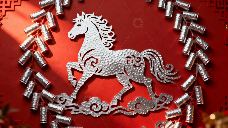 高清大图下载【趣麦麦图】红色背景上的银色马形剪纸艺术