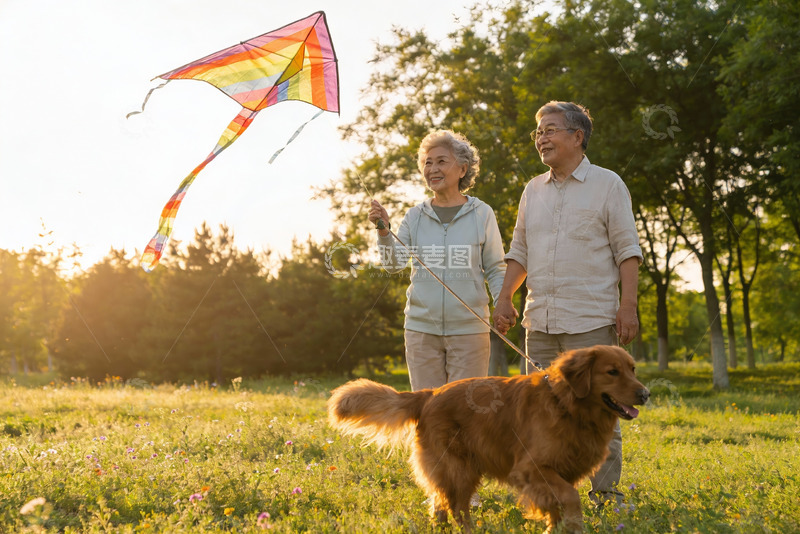 高清大图下载【趣麦麦图】老年夫妇放风筝遛狗
