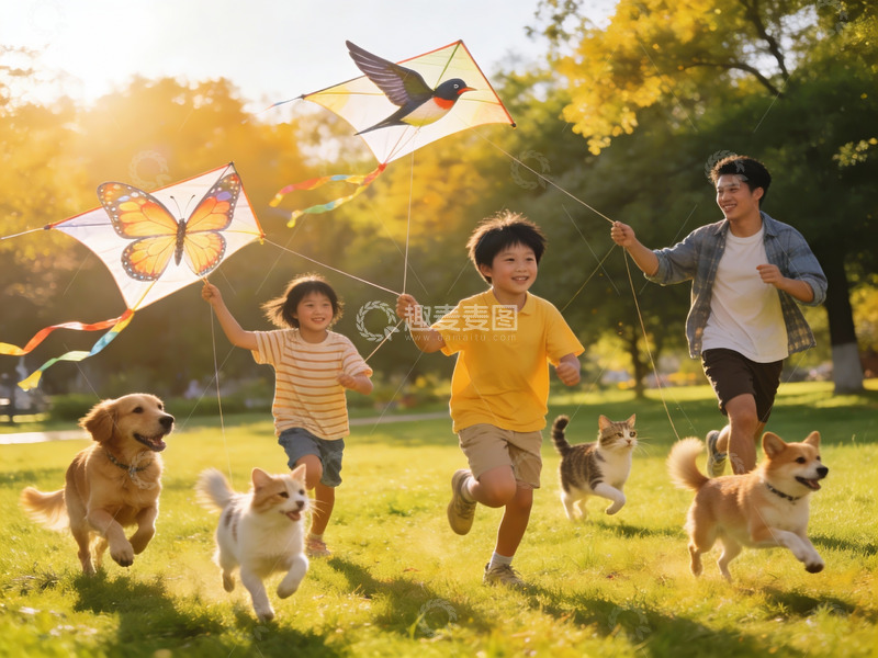 高清大图下载【趣麦麦图】家庭户外放风筝欢乐场景