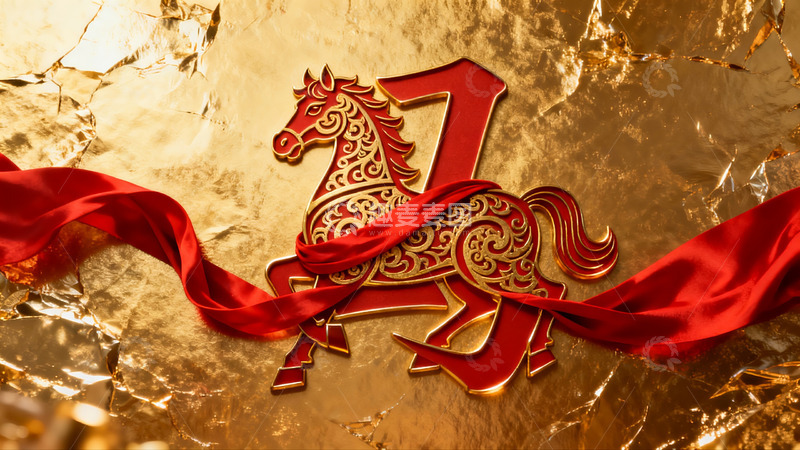 高清大图下载【趣麦麦图】金色背景上的红色马形剪纸