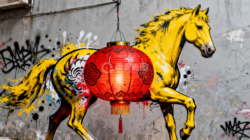 高清大图下载【趣麦麦图】街头艺术马与红灯笼壁画