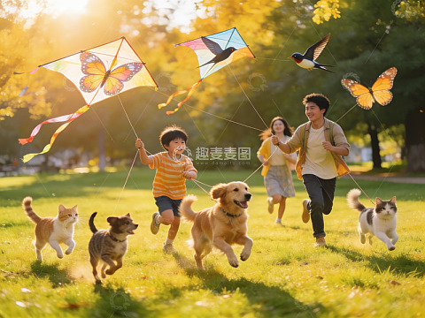 阳光下放风筝的欢乐家庭
