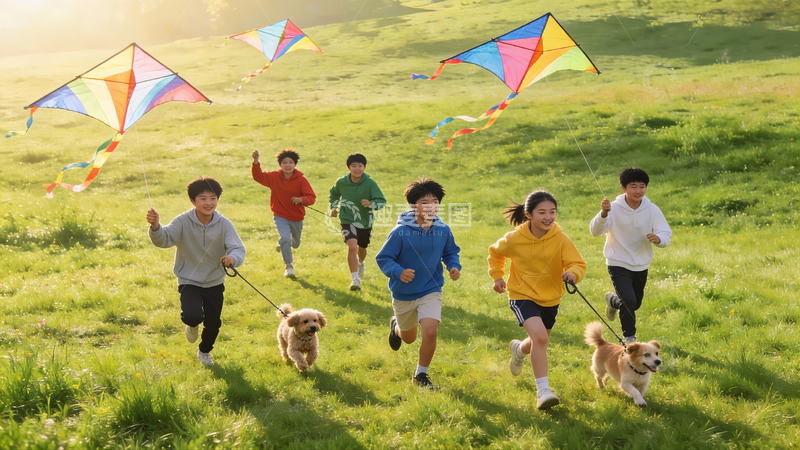 高清大图下载【趣麦麦图】孩子们草地上放风筝奔跑