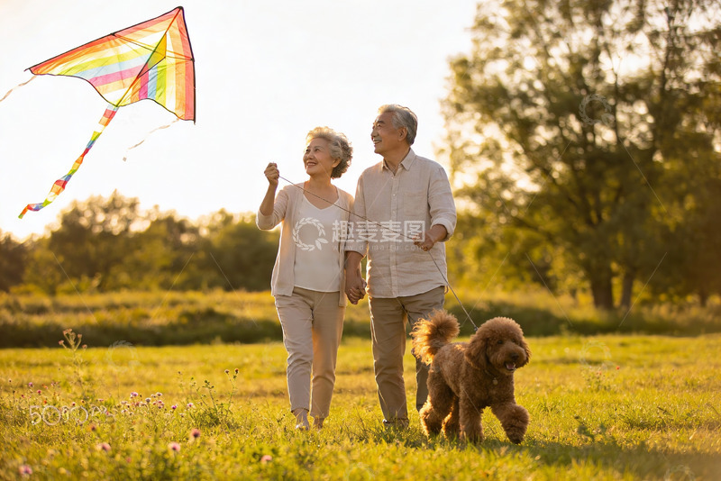 高清大图下载【趣麦麦图】老年夫妇放风筝遛狗