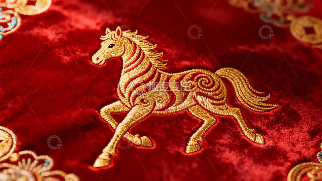 红色布料上的金色马刺绣图案