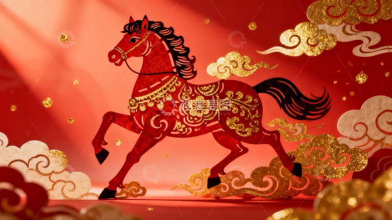 高清大图下载【趣麦麦图】红色骏马祥云图案艺术画