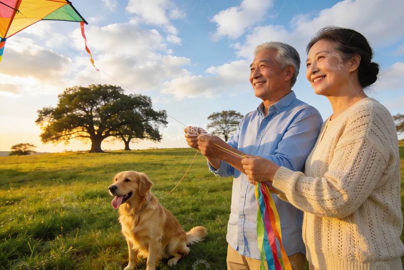 高清大图下载【趣麦麦图】老夫妇与金毛犬放风筝